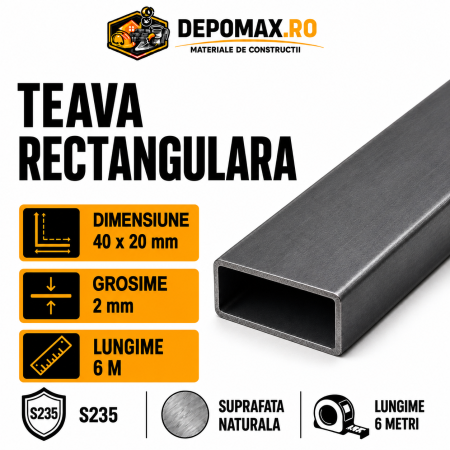 Teava rectangulara 40 x 20 x 2 mm, 6 metri